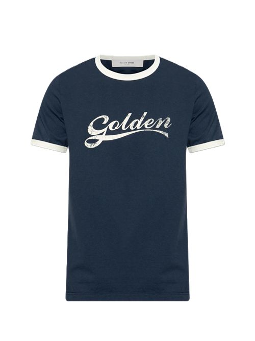 journey m's garment dyed slim t-shirt knitted contrast rib gauze cotton jersey with print Golden Goose | GMP02761.P002624.83134BLUE/ HERITAGE WHITE